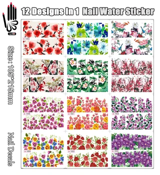 12 Sheets / Lot Tırnak Sanat SY1593 - 1604 Tam Kapak Karışık Erik Lotus Çiçeği Tırnak Sanat Su Transferi Sticker Tırnak(12 tasarımlar 1)
