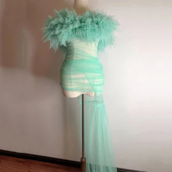 2 Adet Floresan Yeşil Tüp Üst Yığılmış İplik Elbise Seksi Pembe Kısa Elbise Kadın Performans Kıyafet Gogo Kostüm XS3879