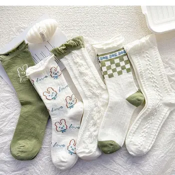 2 Pairs Beyaz Ve Yeşil Orta Tüp kadın Çorap Bahar Ve Yaz Tüm Maç Ins Rüzgar Japon Jk Kawaii Tavşan Ekose Haddelenmiş Çorap