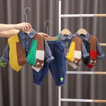 2022 İlkbahar Sonbahar Koreli Erkek 3 ADET Giysi Set Gülen Hırka Yelek Uzun Kollu Ekose Gömlek Kot Bebek Erkek Bebek Takım Elbise Kıyafet