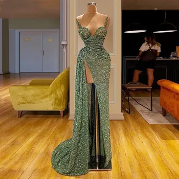 2022 Spagetti Sapanlar Zarif Vestido De Gala Yeşil Pullu Mermaid balo kıyafetleri Kadınlar Örgün Parti Gece Yan Bölünmüş gece elbisesi