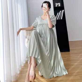 2022 Yaz Yeni Kore Moda Kısa Kollu hamile elbiseleri Tatlı Pilili Gevşek Hamile Kadınlar İçin Gebelik Giyim