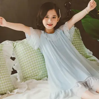 2022 Yaz Yeni Çocuk Kısa Örgü Yumuşak Pijama Kız Pamuk Yüksek Kaliteli Gecelik Çocuklar Ruffles Ev Giysileri Elbise Wz750