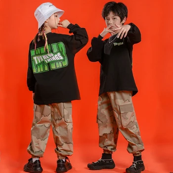 2022 Yeni Caz Dans Kostümleri Çocuklar İçin Gevşek Gömlek Kargo pantolon Streetwear Çocuk Balo Salonu Hip Hop Dans Rave Giyim DQS10374