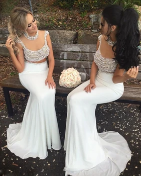 2023 Seksi İki Parçalı Arapça Balo Elbise Beyaz İnciler Boncuk Illusion Kırpma Üst Şifon Mermaid Akşam Partisi Törenlerinde Robe De Soire