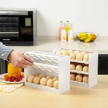 30 İzgaralar Plastik Yumurta Tutucu Buzdolabı için 3 Katmanlı Flip Buzdolabı Yumurta Tepsisi Aracı