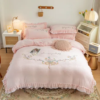 4 Adet Sıcak süt yün Nakış Prenses rüzgar yatak takımları yatak takımı çift kraliçe battal boy nevresim yatak çarşafı seti pillowcas.
