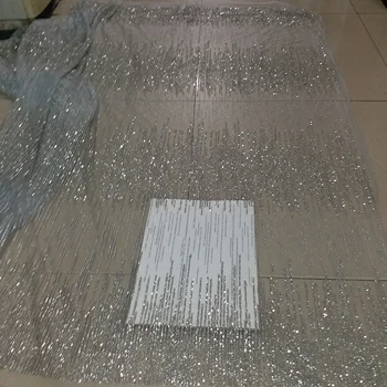 5 metre HLL04 gümüş şerit parıltılı yapıştırılmış el baskı afrika hindistan örgü kumaş gelin düğün elbisesi