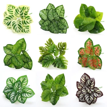 9-Çatal Yapay Yapraklar Kaynaklanıyor Gerçekçi Sahte Bitki Dekoratif Kaplumbağa Yaprak Dalları Plastik Simülasyon Bitkiler Ofis Ev Dekor