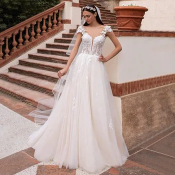 A-Line Tül V Yaka HY311 düğün elbisesi Kadınlar İçin Kolsuz Kat Uzunluk Dantel Aplikler Zarif gelinlikler Vestidos De Novia