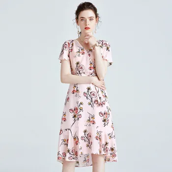 Açık Pembe Çiçek İpek Elbiseler Kadın Moda Krep 21 Yaz Uzun Rahat Seksi Ofis İş Günlük Elbise Artı Boyutu Slim Fit Bir Çizgi