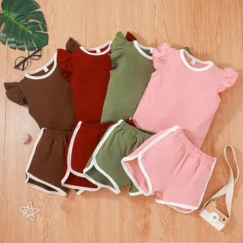 Bebek Kız Giysileri Düz Renk kısa kollu tişört + Pantolon 2 adet