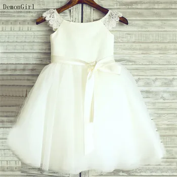 Beyaz Fildişi Çiçek Kız Elbise Kabarık Tül Dantel İlk Communion Elbise O-Boyun Cap Kollu Çocuk Vaftiz Elbisesi
