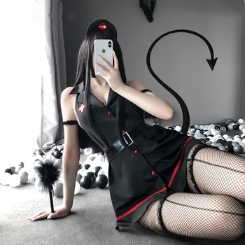 Beyaz Siyah Seksi Erotik hemşire üniforması Kadın Günaha Oynak Asılı Boyun Cosplay Anime Kawaii iç çamaşırı seti Egzotik Giyim