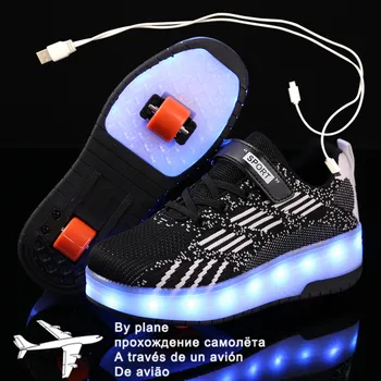 Boyutu 28-41 Rulo Sneakers Çocuklar için led ışık Up Ayakkabı Çift Tekerlekler ile USB Şarj Paten Ayakkabı Çocuk Erkek Kız