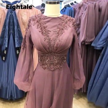 Eightale Tozlu Pembe balo kıyafetleri Düğün için O-Boyun Uzun Kollu Arapça gece elbisesi Aplikler Boncuklu Parti Elbise elbiseler de soirée