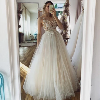 Eightree 2022 Gelinlik Beyaz V Yaka gelinlik Seksi Kolsuz Tül Dantel A-Line Prenses Düğün gece elbisesi Artı Boyutu