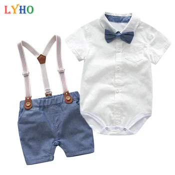 Erkek bebek Tulum + Kemer Pantolon 2 Adet Set, yaz Çocuk Giysileri Toddler Beyefendi Doğum Günü Partisi Pamuk Takım Elbise Yenidoğan Bebek Kıyafetleri