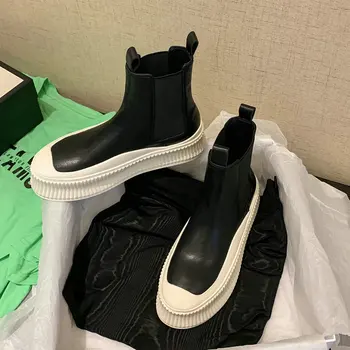 EshtonShero Moda Platformu Ayak Bileği Chelsea Çizmeler kadın ayakkabıları Beyaz Sonbahar Motosiklet Hakiki Deri Rahat Bayan Botları
