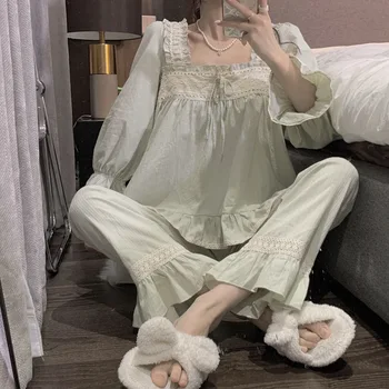 Fdfklak %100 % Pamuklu kadın Pijama Takım Elbise 2022 Sonbahar Yeni Uzun Kollu Gecelik gündelik giyim 2 Parça Setleri Pijama Salonu