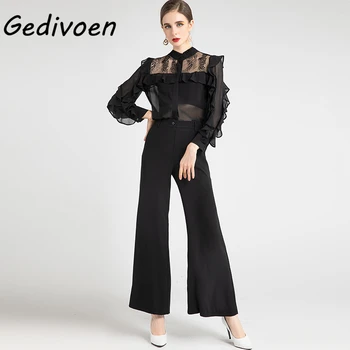 Gedivoen Pist Sonbahar Siyah takım elbise kadın Moda Uzun Kollu Eklenmiş Fırfır Tek Göğüslü Bluz + Flare Pantolon 2 Parça Set