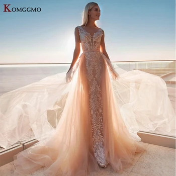 High-End Nakış Aplikler Tül Düğme Mermaid düğün elbisesi Zarif Kolsuz V Yaka Ayrılabilir Tren 2 İN 1 gelin kıyafeti
