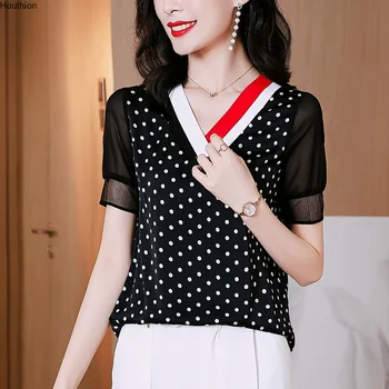 Kadın Bluz Yeni Kısa Kollu Gömlek İpek Eğlence Üst V Yaka Polka Dot Kore Moda Ekleme Yaz Kadın Giyim