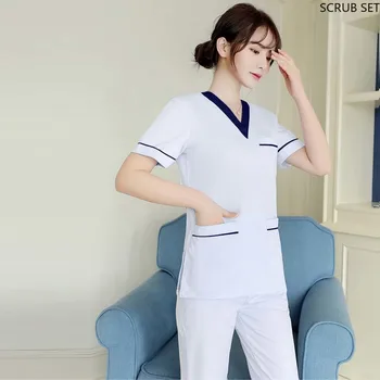 Kadın Fırçalama seti Beyaz hemşire üniforması İnce Doktor İş Giysisi Renk Engelleme Hastane İş Giysisi Kısa Kollu Fırçalama Üst Fiş Boyutu Pantolon
