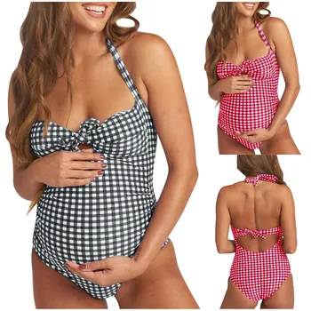 Kadın Mayo Annelik Yaz Plaj Bikini Ekose Baskı Tek Parça Mayo Yaz Hamile Anne Giyim Banyo Beachwear