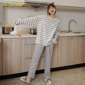Kadın Rahat Pamuklu Pijama Seti Sonbahar Yeni Şerit Eğlence Pijama Bayan Kore Minimalist Tarzı Uzun Kollu Kız Pijama