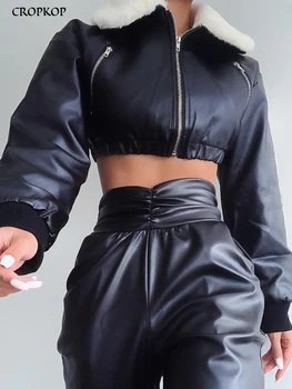 Kadın Suni Deri Kısa Ceket Vintage Fermuar Peluş Turn Down Yaka Yeni Yıpratır Moda Siyah Streetwear PU Ceketler 2022