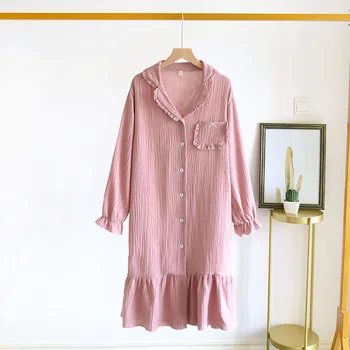 Kadın Tatlı Sevimli Ruffled Pijama Bahar Pamuk Gecelik Uzun Kollu Rahat Ev Elbise Gecelik Gevşek Samimi İç Çamaşırı