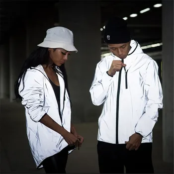 KANCOOLD Yeni tam yansıtıcı ceket erkek / kadın harajuku rüzgarlık ceketler kapşonlu hip-hop streetwear gece parlak fermuar mont