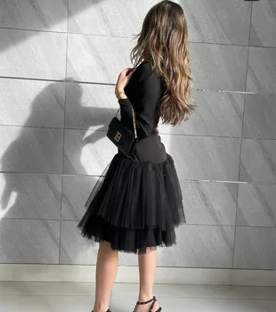 Klasik Kısa Siyah Tül Abiye فساتين السهرة A-Line Uzun Kollu Diz Boyu Balo Elbise Robe de soirée Kadınlar için