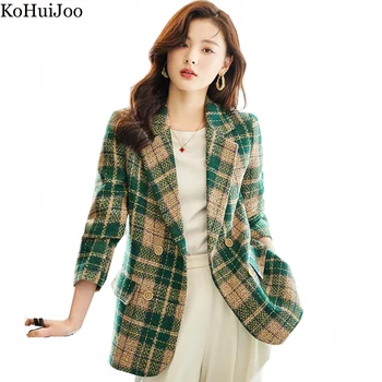 KoHuiJoo Yeşil Ekose Blazer Kadınlar 2022 İlkbahar Sonbahar Kore Casual Vintage Takım Elbise Ceket Tüvit Ceket Retro Kruvaze Blazers