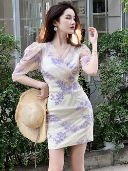 Kore Zarif Kadın Akşam Elbise Peri Mesh See Through Nokta Vintage Puf Kollu İnce Mini Parti Plaj Bayan Mujer Femme Vestido