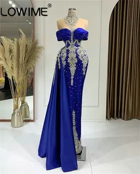Kraliyet Mavi Boncuklu Yüksek Boyun Uzun Mermaid Abiye 2023 Arapça Lüks Resmi Elbise Kadınlar Zarif Düğün Parti Törenlerinde