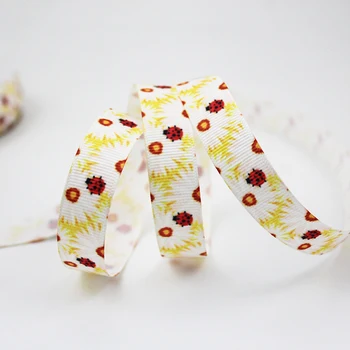 Küçük papatya ve uğur böceği baskılı sarı grogren kurdele 9-75mm DIY el yapımı malzemeler noel düğün hediye paketi bant şeritler