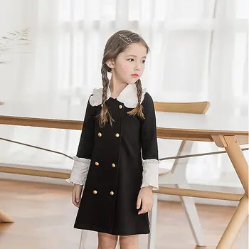 Kış Kız Giyim Çocuk Kız Prenses Elbise Çocuklar Kruvaze Elbise İngiliz Tarzı Bebek Yürüyor Uzun Shikt 2-8Y Siyah