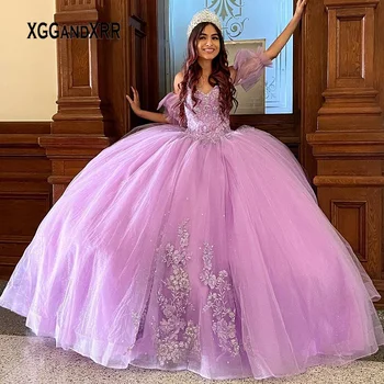 Lavanta Quinceanera Elbise 2022 Tatlı 16 Doğum Günü Balo Parti Kıyafeti Ayrılabilir Kollu Mezuniyet 7th Pageant vestidos de 15 años