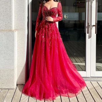 Lüks Kristal Tüy Kırmızı Abiye 2022 Dubai Uzun Kollu Bordo Arapça Artı Boyutu Resmi Elbise Kadınlar Düğün Parti için