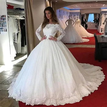 Lüks Tekne Boyun Dantel-Up Aplikler düğün elbisesi 2021 Uzun Kollu Tül Uzun Kollu Balo Kadınlar Gelin Robe De Mariee