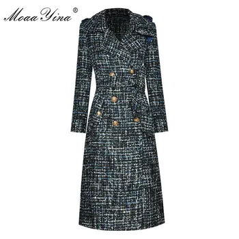 MoaaYina Moda Ekose Rüzgarlık Palto Sonbahar Kadın Kruvaze Cep dantel-up Uzun kollu Palto