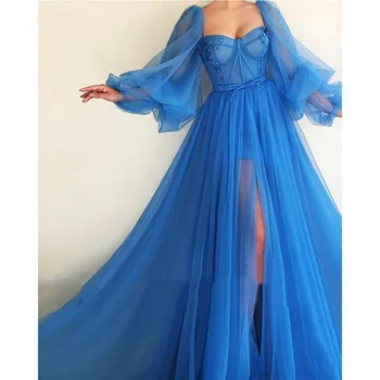 Moda Lüks Bir Çizgi balo kıyafetleri Mavi 2023 Uzun Tül Puf Kollu kadın Abiye giyim Sevgiliye Yay Parti Elbise Yan Yarık