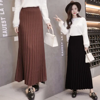 Moda Orta uzun Örme Yarım uzunlukta Etek Kadın Sonbahar Kış Kore Tarzı Zarif Bayanlar Yüksek Bel İnce Pilili Etekler 2021