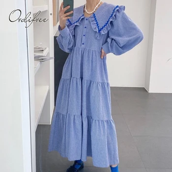 Ordifree 2022 Yaz Kadın Uzun Gömlek Elbise Zarif Uzun Kollu Maxi Tatil Vintage Ekose Elbise