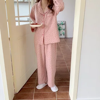 Pamuk Keten Pijama Seti Tatlı Sevimli Kiraz Baskı Pijama Vintage Kawaii Çentikli Cep Ev Takım Elbise Gömlek + Pantolon Düğmesi 2022