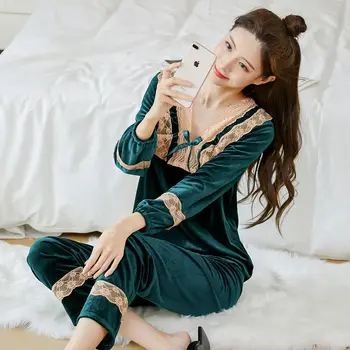 Pijama kadın Kış Yeni Moda Altın Kadife Pijama Gecelik Seti Kore Gevşek Seksi V Yaka Pijama Gecelik İki Parçalı Set