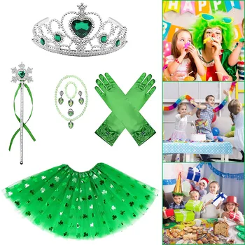 Prenses Kostümleri Set Aziz Patrick Günü İçin Yeşil Yonca Kostüm Seti Aksesuarları İçerir Yeşil Yonca Etek Taç Değnek Eldiven