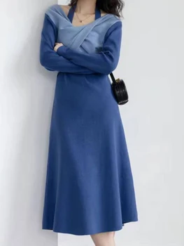 Rahat Renk Eşleştirme Kink Boyun Örgü Etek İnce Uzun Kollu Elbise 2022 Sonbahar Yeni Kore Moda Kadın giyim